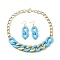 Acrylic Chains Jewelry Set, Curb Chian Necklace and Iron Dangle Earrings, Sky Blue, 430mm, 66x20.5mm