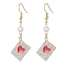 Alloy Crystal Rhinestone Rectangle with Heart Dangle Earrings, Imitated Pearl Acrylic Beaded Drop Earrings with Enamel, Red, 47~55x18mm