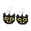 Glass Seed Braided Cat Dangle Earrings EJEW-B012-11-1