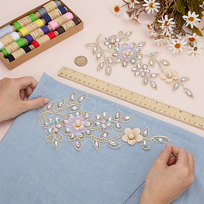 2Pcs 2 Styles Flower Polyester & Glass & Plastic Pearl Embroidery Sew on Ornament Accessories PATC-FG0003-42-1