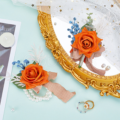 2Pcs 2 Style Silk Cloth & Plastic Imitation Flower Corsage Boutonniere & Wrist Corsage JEWB-CP0001-27B-1
