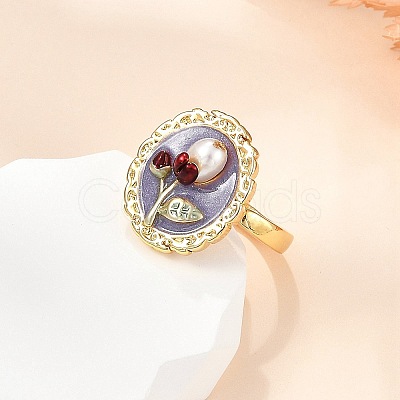 Flower Pattern Brass Enamel & Natural Freshwater Pearl Open Cuff Rings for Women RJEW-G342-01G-02-1
