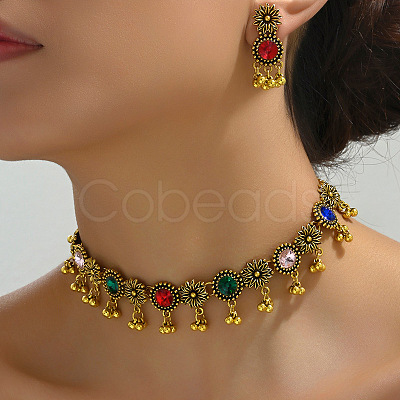 Flat Round & Flower Alloy Rhinestone Pendant Necklace & Stud Dangle Earring Sets FS-WG9BC55-01-1