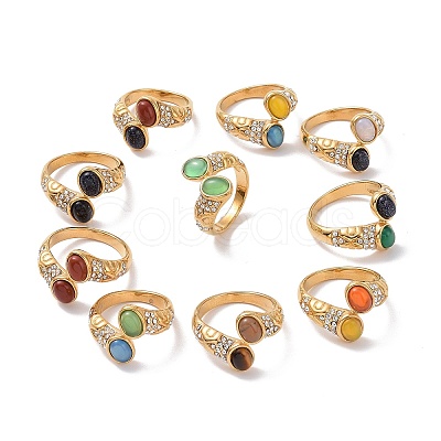 Gemstone Oval Open Cuff Ring with Crystal Rhinestone STAS-E168-10C-G-1