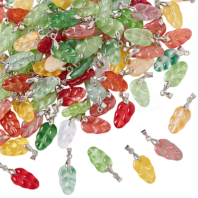 100Pcs Leaf Gradient Color Baking Paint Glass Pendants PALLOY-AR00028-1