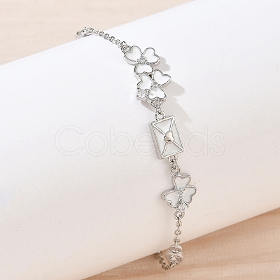 Brass Pave Clear Cubic Zirconia Clover Envelope Link Bracelets KK-CBA6980-18P-1