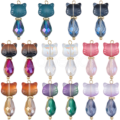 16Pcs 8 Colors Cat Shape Glass Pendants PALLOY-BM00024-1