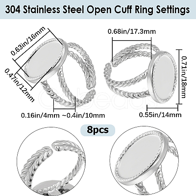 8Pcs 304 Stainless Steel Open Cuff Ring Settings RJEW-BBC0001-27-1