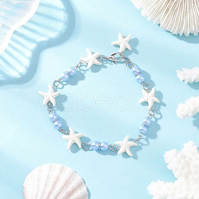 3Pcs Synthetic Turquoise Starfish Link Bracelets for Women BJEW-JB12469-1