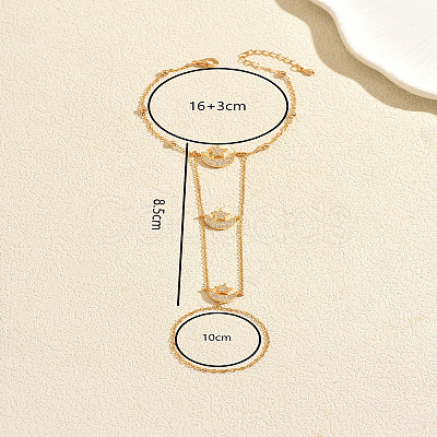 Star Moon Brass Micro Pave Clear Cubic Zirconia Hand Chain Ring Bracelets for Women KH7089-1