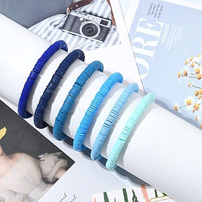 6Pcs 6 Colors Handmade Polymer Clay Stretch Bracelets BJEW-SW00139-1