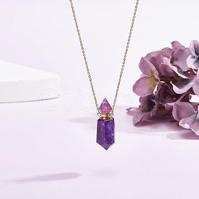 Natural Amethyst Pointed Hexagon Perfume Bottles Pendant Necklace NJEW-CA0001-07A-1