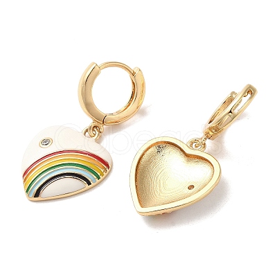 Heart with Rainbow Golden Brass Dangle Hoop Earrings EJEW-L268-042G-03-1