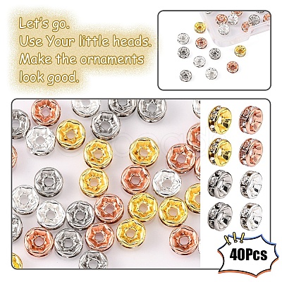 40Pcs 4 Colors Brass with Crystal Rhinestone Spacer Beads KK-YW0001-39-1