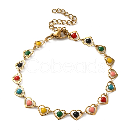 304 Stainless Steel Heart Link Bracelets for Women BJEW-C076-02A-01-1