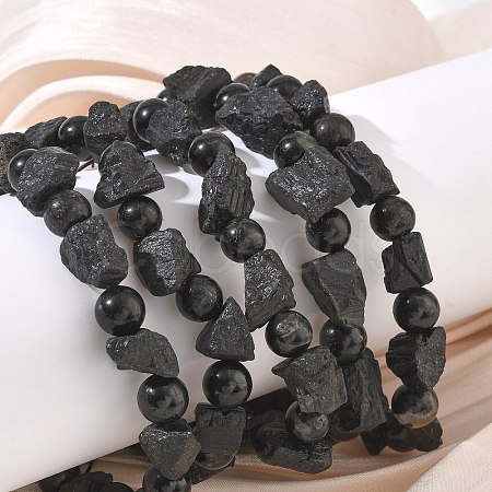 Natural Black Tourmaline Round and Nuggets Beaded Stretch Bracelets GG-CBA0C4C-01-1