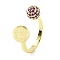 Cubic Zirconia Round with Flower Open Cuff Ring, Rack Plating Real 18K Gold Plated Brass Ring, Long-Lasting Plated, Fuchsia, Inner Diameter: 18mm