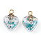 Glow in the Dark Luminous Glass Pendants, with Golden Plastic Pendant Bails and Resin Rhinestone Inside, Heart Charms, Dark Turquoise, 20x15x9mm, Hole: 2mm