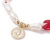 Natural Pearl & Millefiori Glass Beaded Stretch Bracelet with Heart and Coin Charm for Women BJEW-TA00060-4
