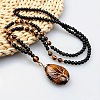 Natural Tiger Eye Copper Wire Wrapped Tree of Life Teardrop Pendant Black Round Beaded Necklaces for Men EF1555-1