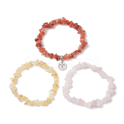 3Pcs 3 Styles Natural Rose Quartz & Citrine & Red Agate Chips Stretch Bracelets Sets BJEW-JB11076-03-1