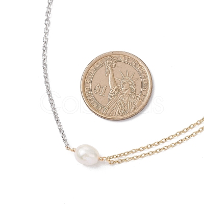 Natural Cultured Freshwater Pearl Rice Pendant 304 Stainless Steel Cable Chain Double Layer Necklaces NJEW-JN05682-1