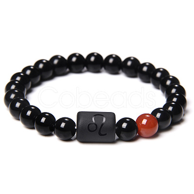 12 Constellations Protetion Natural Carnelian & Black Obsidian Round Beads Stretch Bracelets for Men Women WG083ED-06-1