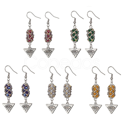 Electroplated Glass & TOHO Round Seed Beaded Alloy Triangle Eye Dangle Earrings EJEW-MZ00635-1