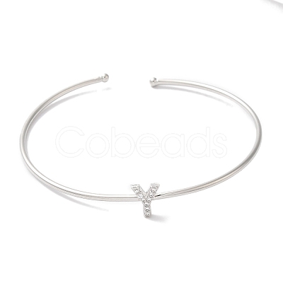 Rack Plating Brass Micro Pave Clear Cubic Zirconia Letter Open Cuff Bangles BJEW-A018-01P-Y-1