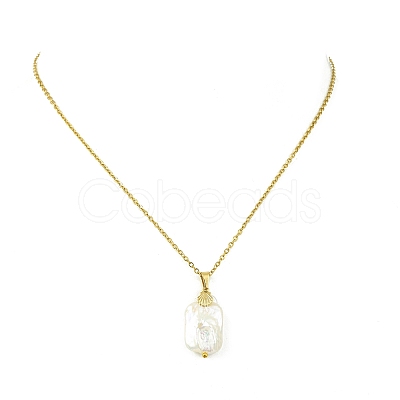 Natural Baroque Keshi Pearl Rectangle Pendant 304 Stainless Steel Cable Chain Necklaces for Women NJEW-JN06115-1