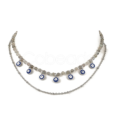 Alloy Enamel Blye Evil Eye Pendant Faceted Round Natural Labradorite Beaded 304 Stainless Steel Satellite Chain Double Layer Necklaces NJEW-JN06542-1