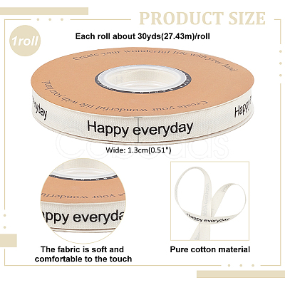 30 Yards Cotton Happy Everyday Word Printed Ribbon OCOR-WH0086-87C-1