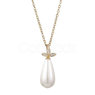 White Teardrop Shell Pearl Pendant 304 Stainless Steel Cable Chain Necklaces for Women NJEW-JN05968-1