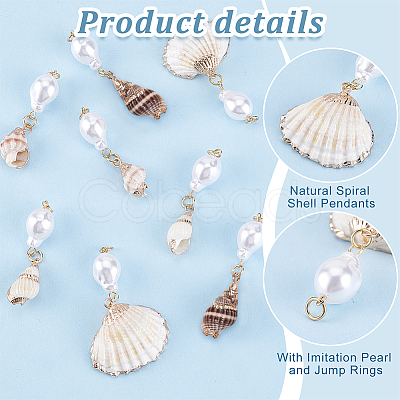 8Pcs 4 Styles Natural Spiral Shell Pendants and ABS Plastic Imitation Pearl Beads PALLOY-PH01748-1