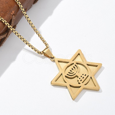 Hanukkah 201 Stainless Steel Star of David Pendant Necklaces NJEW-Z058-02G-1