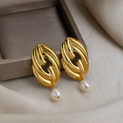 304 Stainless Steel Freshwater Pearl Dangle Stud Earrings for Women EE7584-1