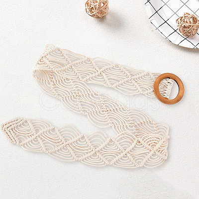 Cloth Woven Rhombus with Wood Chain Belts for Women AJEW-WH20019-125B-1