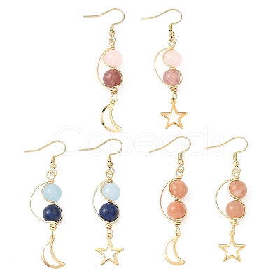 3 Pairs Gemstone Moon & Star Dangle Earrings EJEW-JE06707-1