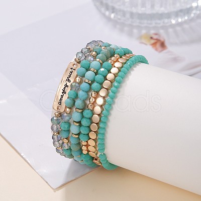 6Pcs 6 Styles Alloy Glass Rondelle Beaded Stretch Bracelets for Women FS-WG85505-01-1