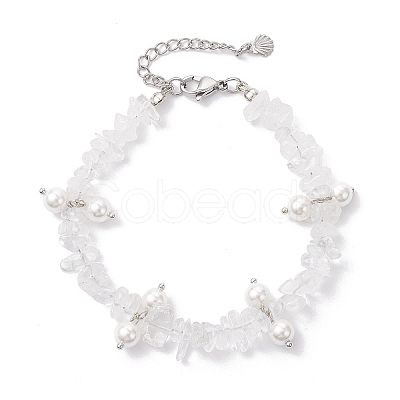 Natural Quartz Crystal Chip & Glass Shell Round Beaded Bracelets BJEW-JB12303-01-1