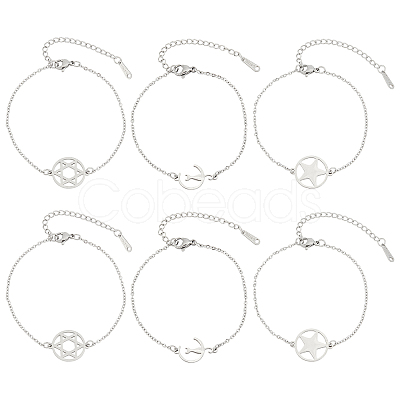 6Pcs 3 Styles 201 Stainless Steel Pentacle Link Bracelets BJEW-UN0001-16P-1