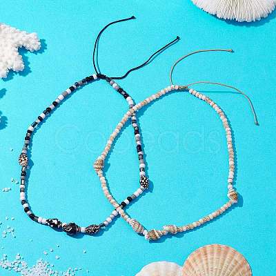 Glass with Natural Sea Shell Beads Braided Necklaces NJEW-JN04837-1