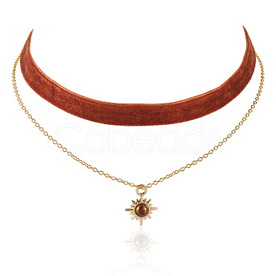 Alloy Resin Sun Pendant Single Face Dark Red Velvet Ribbon & Brass Chain Double Layered Choker Necklaces NJEW-TAC0039-1