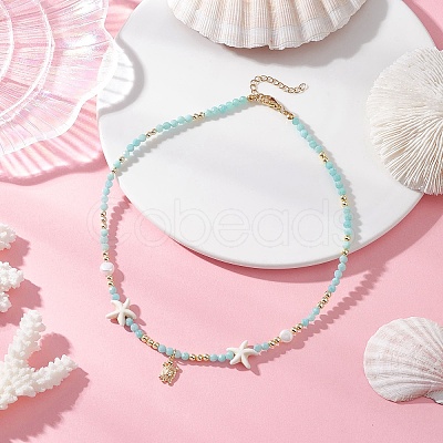 Natural Amazonite Faceted Round and Natural Cultured Freshwater Pearl & Starfish Synthetic Turquoise Beaded Brass Turtle Pendant Necklaces for Women NJEW-JN05496-04-1