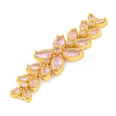 Brass Pave Pink Cubic Zirconia Flower with Leaf Links Connector Charms KK-P277-52G-02-1