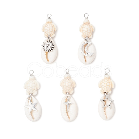 5Pcs 5 Styles Natural Cowrie Shell & Dyed Synthetic Turquoise Turtle Copper Wire Wrapped Pendants PALLOY-JF04034-03-1