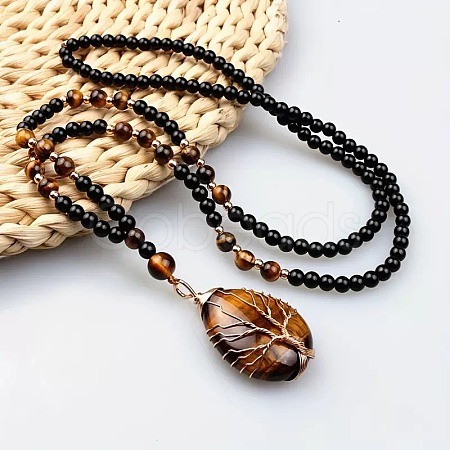 Natural Tiger Eye Copper Wire Wrapped Tree of Life Teardrop Pendant Black Round Beaded Necklaces for Men EF1555-1