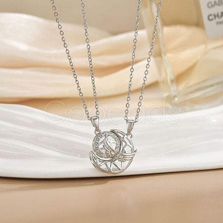 2Pcs Brass Micro Pave Clear Cubic Zirconia Magnetic Pendant Necklaces with 304 Stainless Steel Cable Chain WG04DA7-04-1