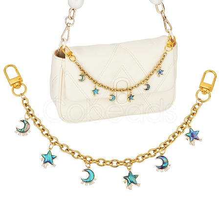 Brass & Natural Paua Shell Star Moon Charm 304 Stainless Steel Bag Decorative Chains HJEW-PH02278-1