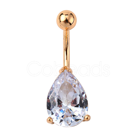 Real 18K Gold Plated Teardrop Brass Cubic Zirconia Navel Ring Navel Ring Belly Rings AJEW-EE0001-13B-1